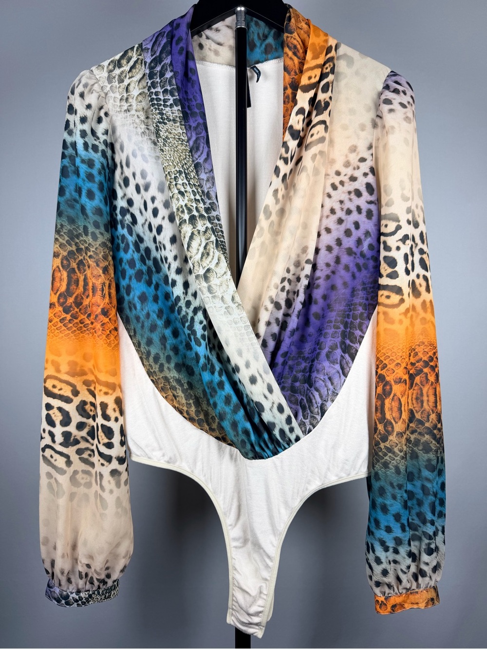 Marciano Multicolor Animal-Print Surplice Bodysuit - Blue, Purple, Orange, White
